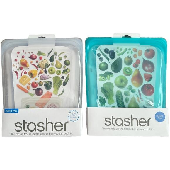 2-Piece Set STASHER Aqua/Clear Reusable Food Storage Bags, 8.5"x"10.25x"1.5" - Picture 2 of 10